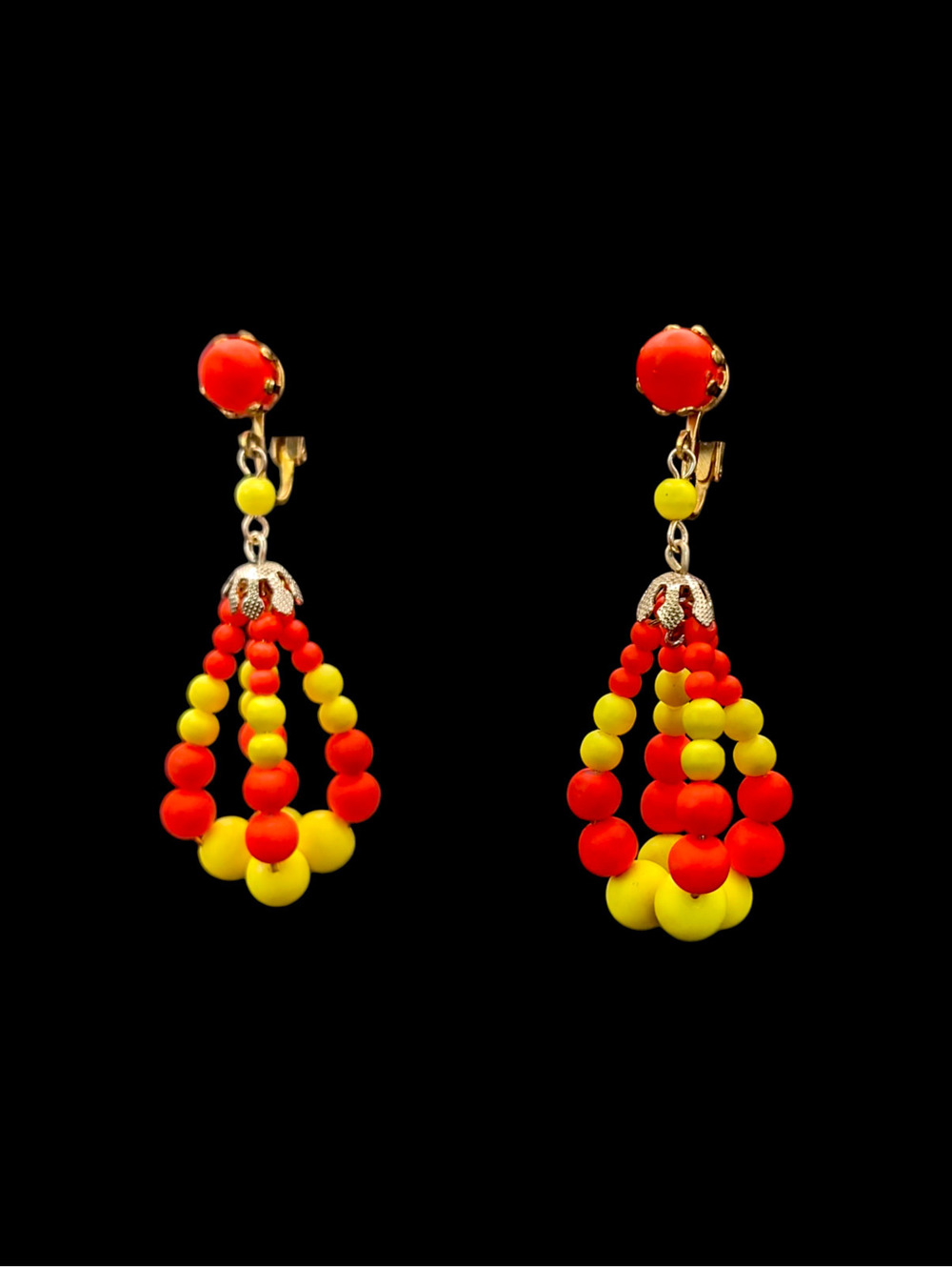 1960s - 1970s Mod Neon Yellow and Orange Beaded Tear Drop Dangle Earrings